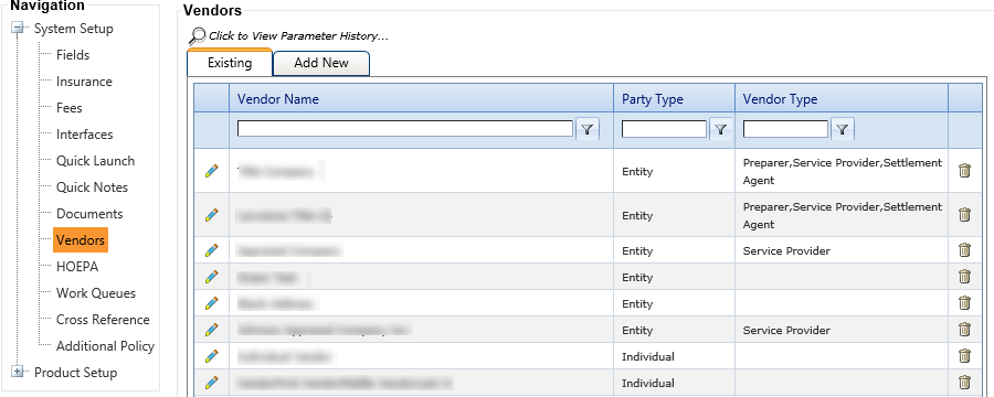 Vendors screen under System Setup