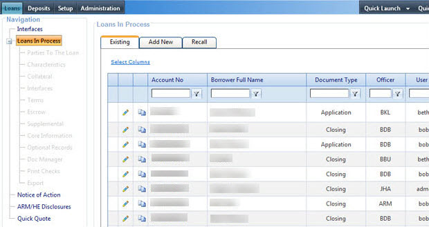 Loans in Process node transaction table