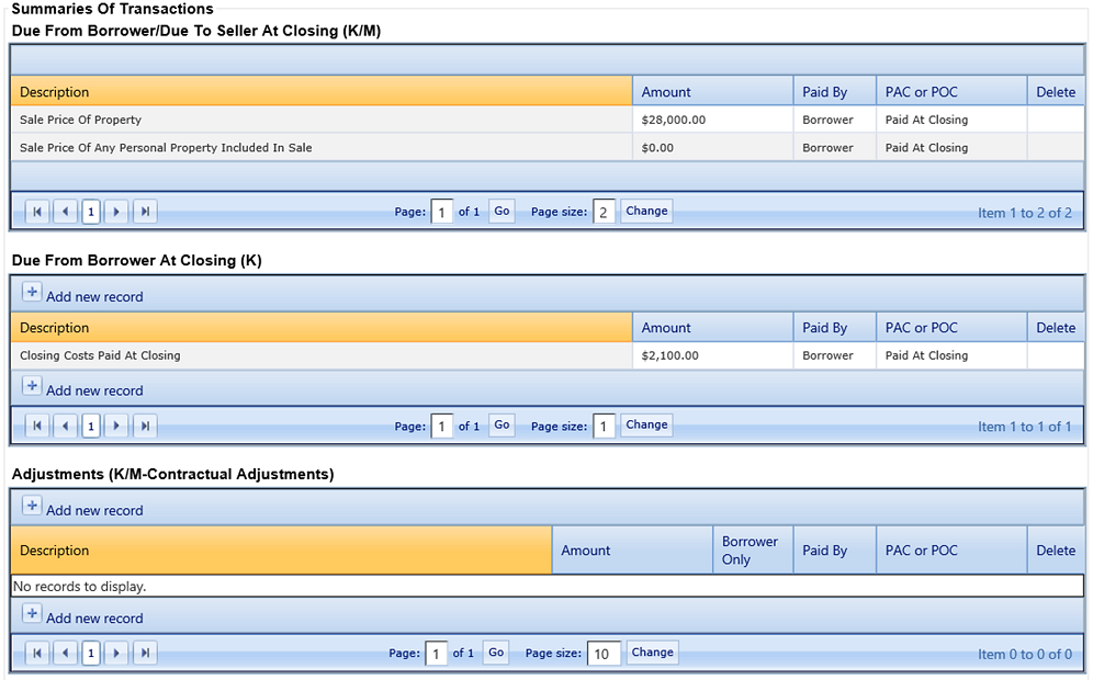 Summaries of Transactions section