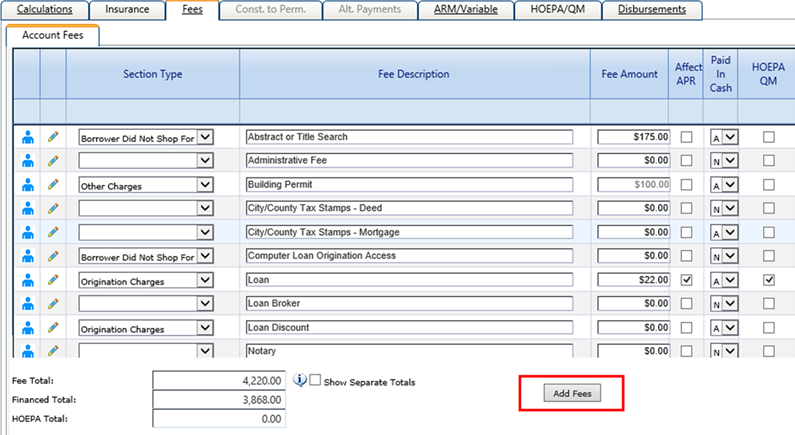 Accounts Fees on the Fees tab on the Terms node