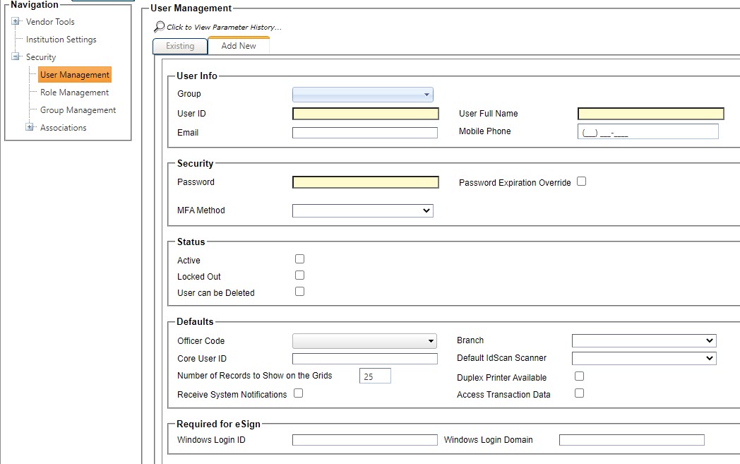 User Management screen