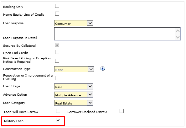 Military Loan option highlighted