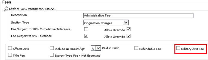 Military APR Fee check box