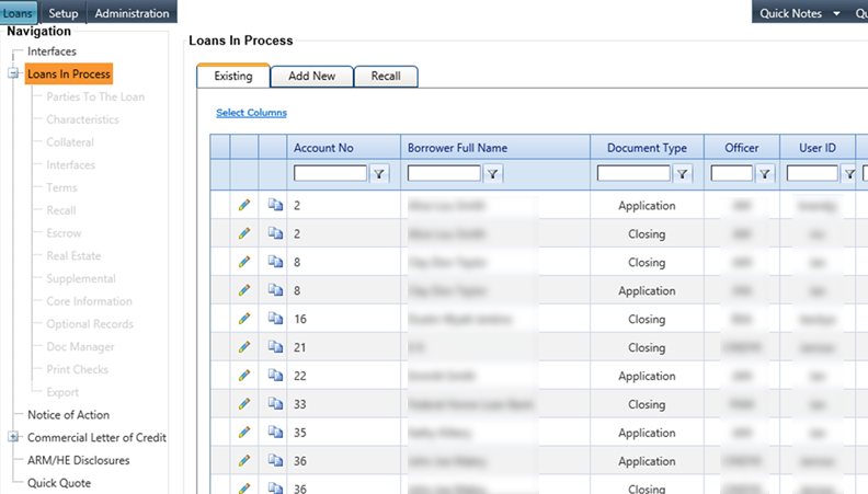 Existing Work Queue table in Loans in Process node