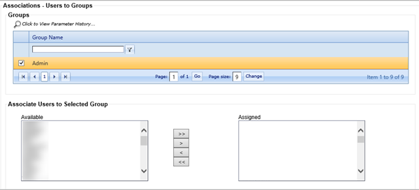 Available column on the Association - Users to Groups screen