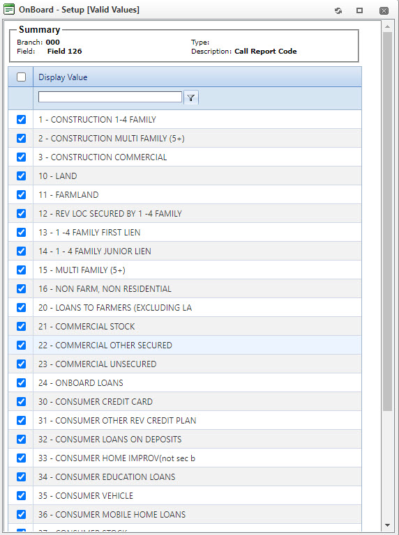OnBoard - Setup [Valid Values screen with Display Values options