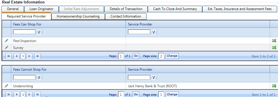 Tables on Required Service Provider tab