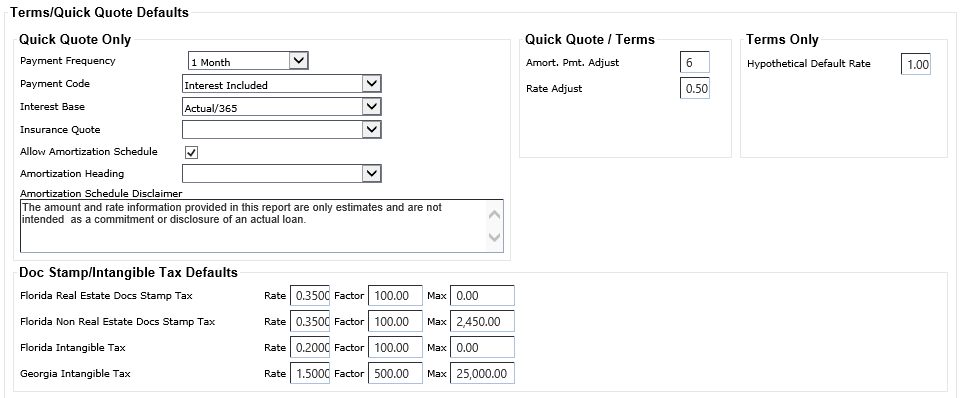 Terms/Quick Quote Defaults section