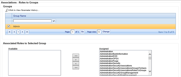 Association - Roles to Groups screen