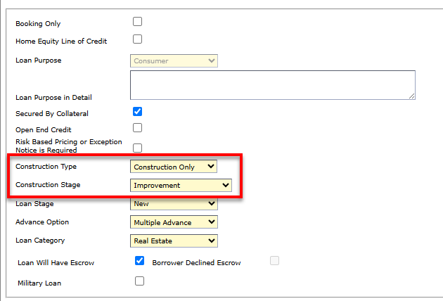 The Construction Type and Construction Stage fields highlighted on the Characteristics node.