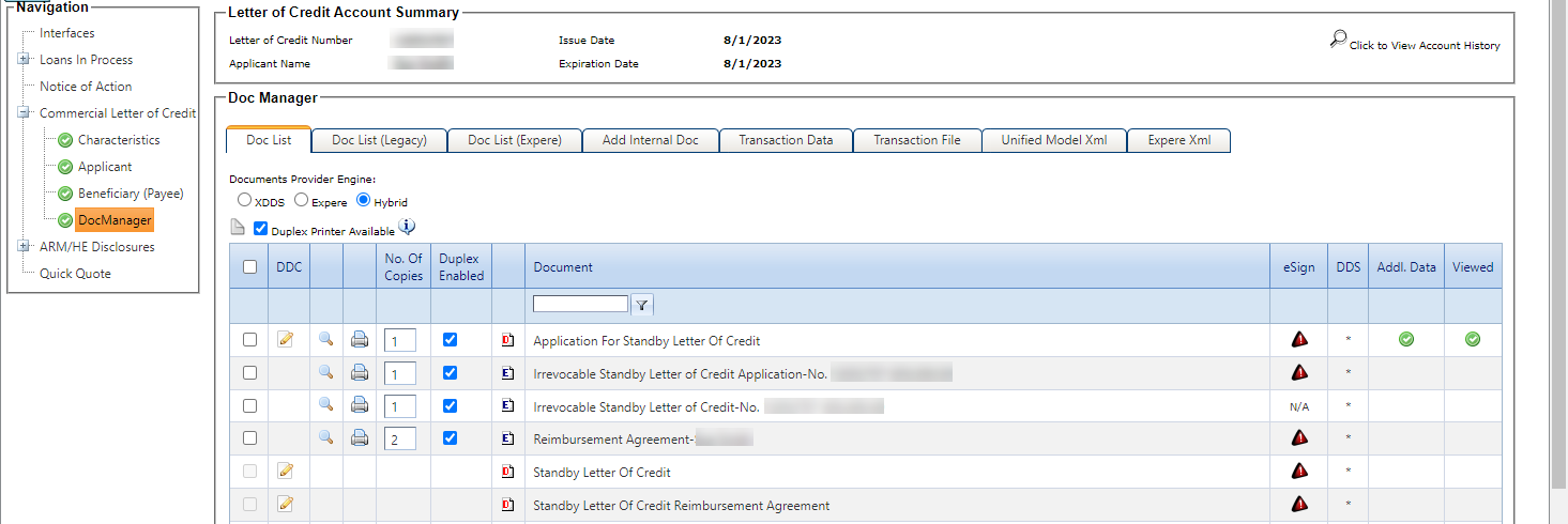 Doc Manager node under the Commercial Letter of Credit section in OnBoard