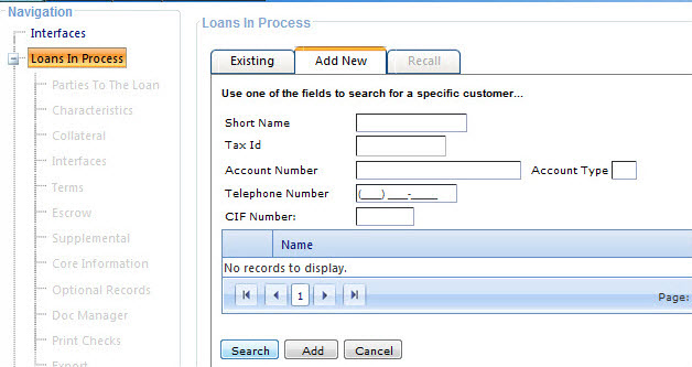 Add New tab on the Loans in Process node