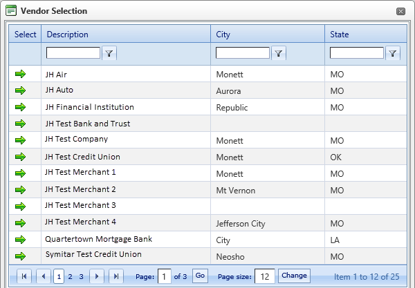 Vendor Selection screen