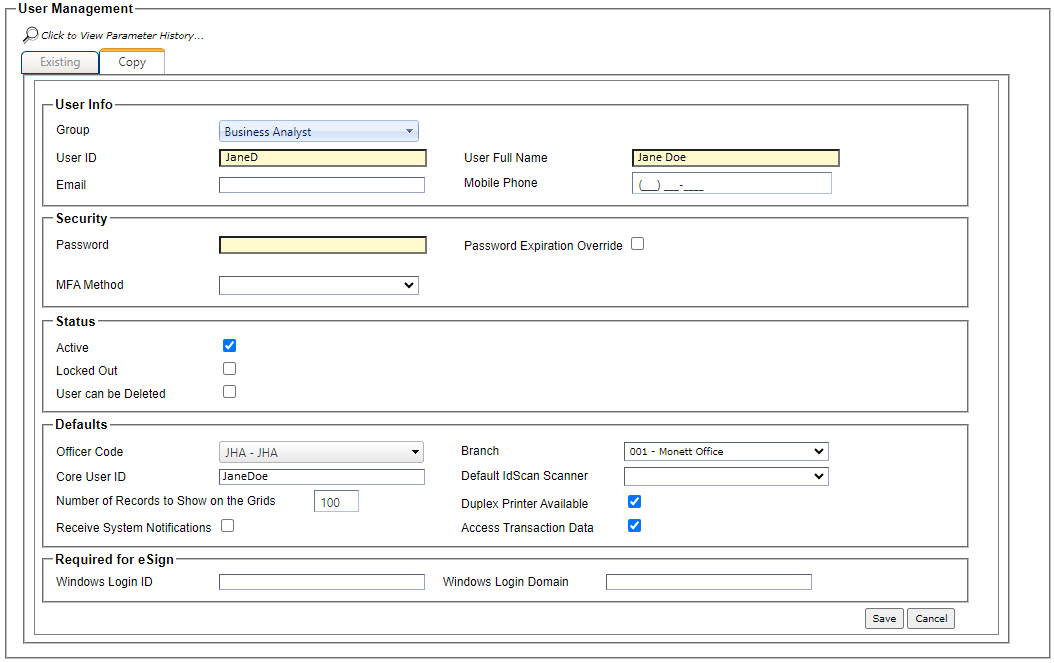 Copy tab on the User Management node