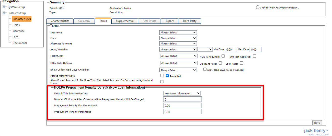 HOEPA Prepayment Penalty Default (New Loan Information) section highlighted on the Terms tab of Characteristics