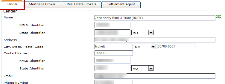 Lender Tab within the Contact Information tab