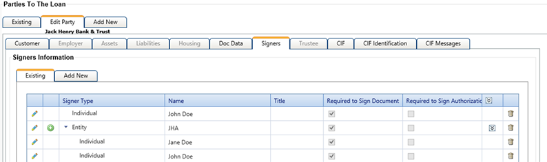 Signers Information section on the Edit Party tab of the Parties to the Loan node