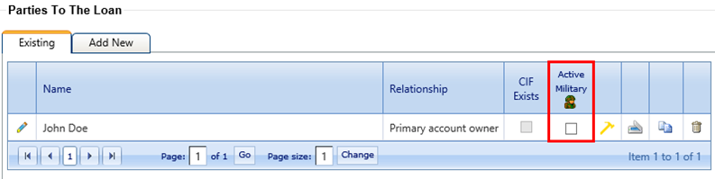 Active Military icon highlighted in Parties to the Loan