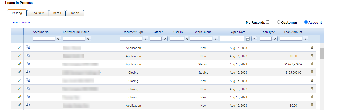 Existing accounts table