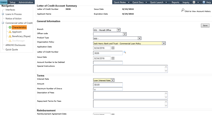 Letter of Credit Account Summary