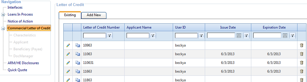 Commercial Letter of Credit existing accounts node