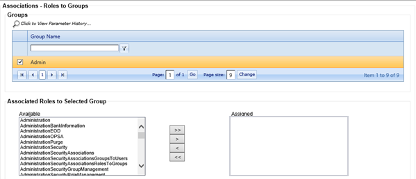 Associations - Roles to Groups screen