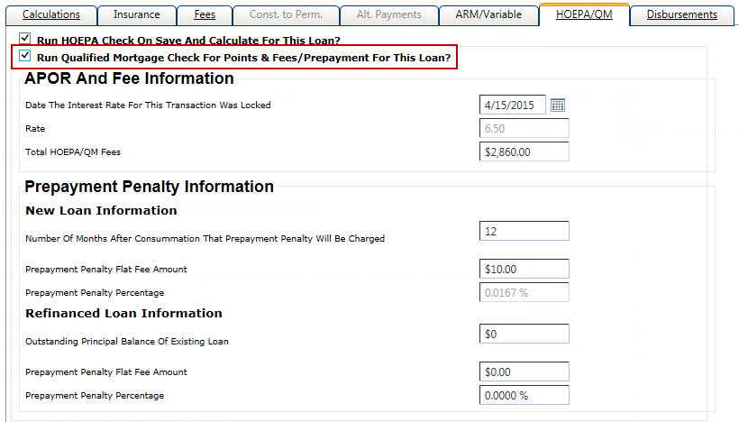 HOEPA/QM tab on the Terms node