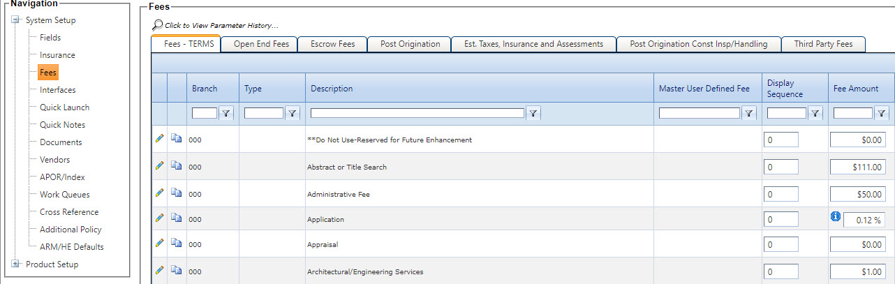 Setting Fee Parameters in System Setup