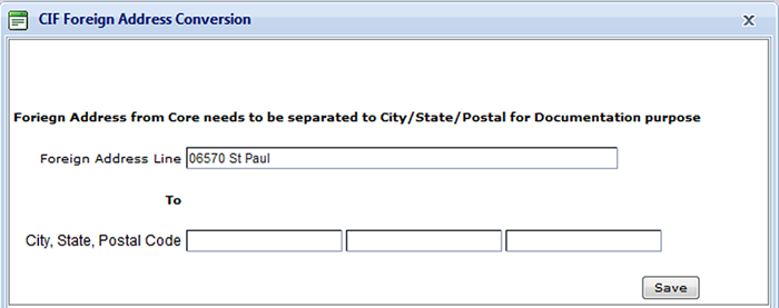 CIF Foreign Address Conversion screen