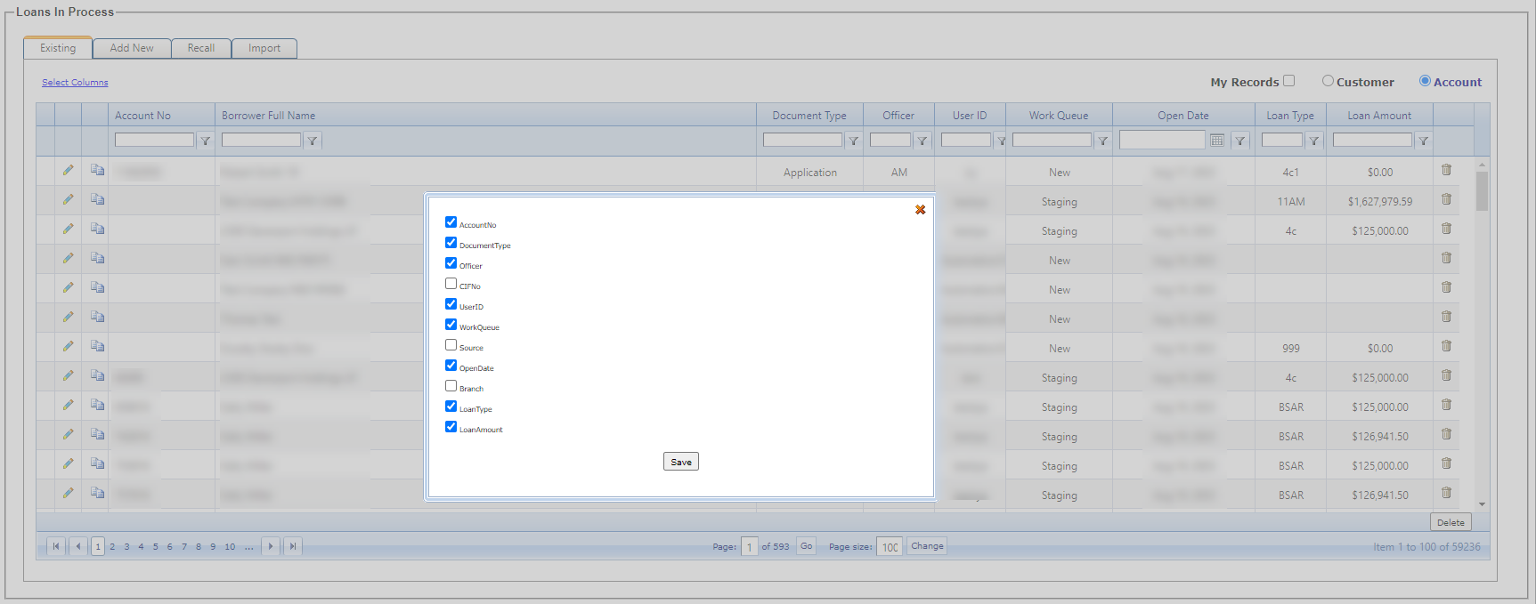 Select Columns pop-up menu.