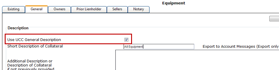 The UCC General Description field highlighted on the General tab of the Collateral node