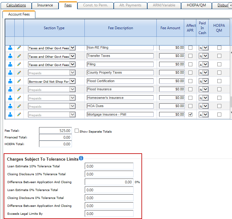 Fees tab highlighting Charges Subject to Tolerance Limits section for a closing transaction