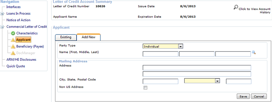 Add New tab selected on the Applicant node