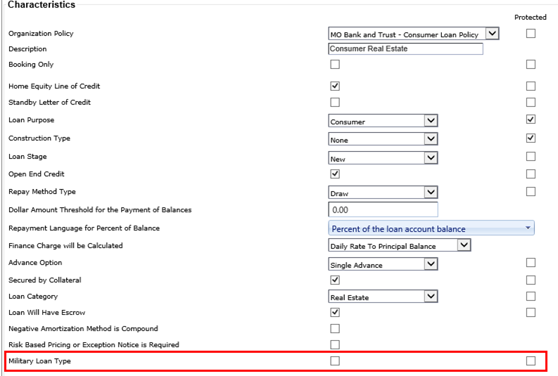 Characteristics node in Loans in Process