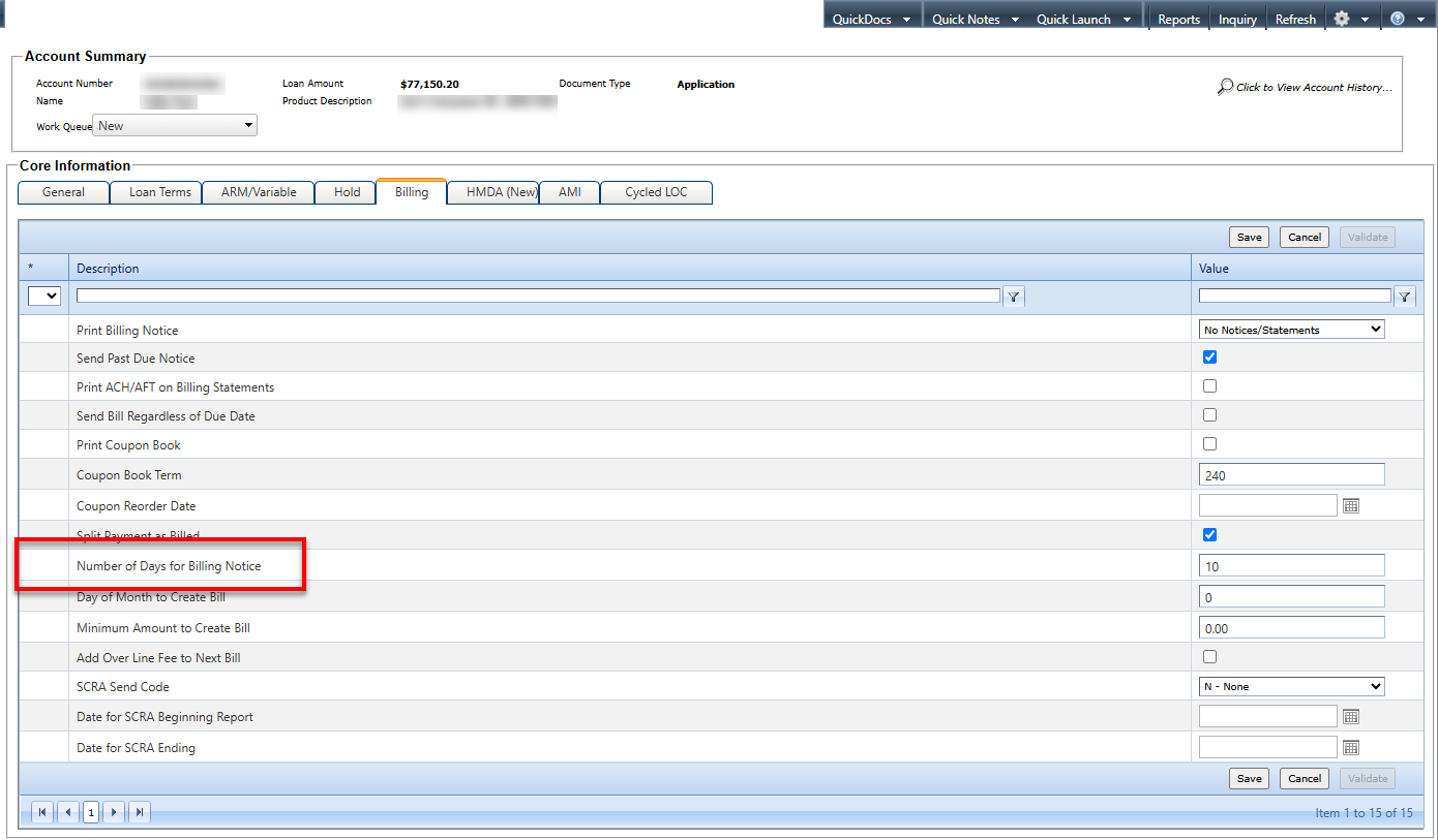 Billing tab of the Core Information node with Number of Days for Billing Notice field highlighted.
